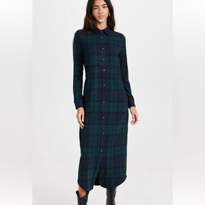 Faherty Navy and Green Plaid Long Sleeve Dress